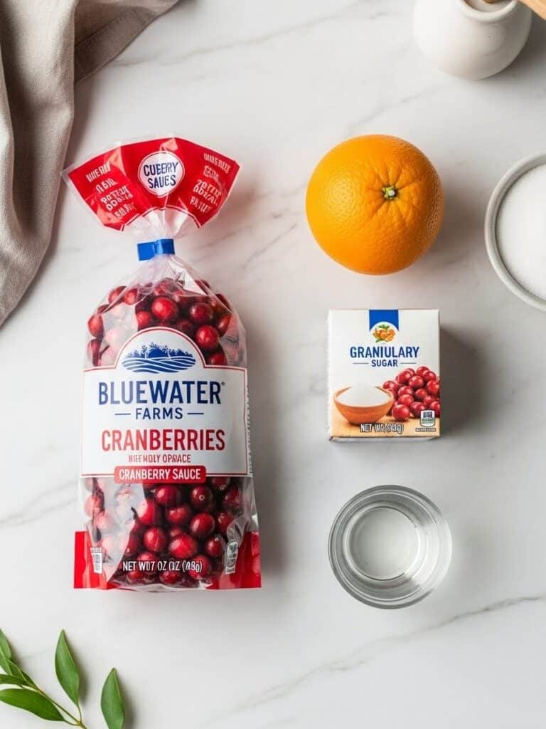 Fresh cranberries, orange, sugar, and water ingredients for homemade cranberry sauce