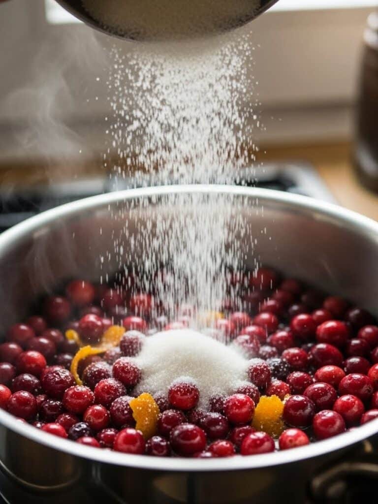 Hands mixing cranberries and sugar in saucepan