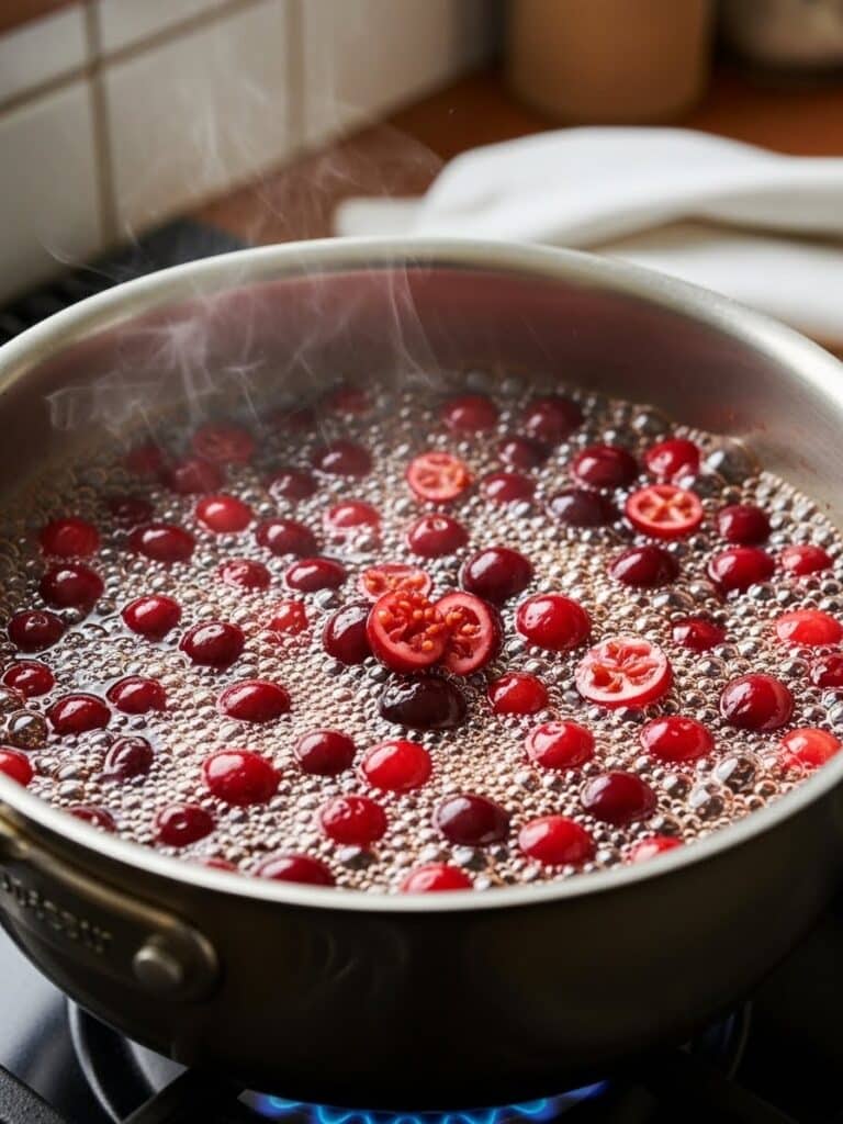Cranberries simmering and bursting in saucepan