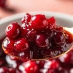 Close-up of cranberry sauce on golden spoon showing glossy texture