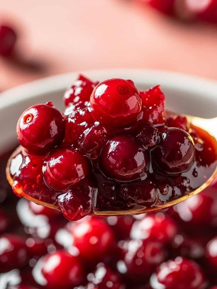 Close-up of cranberry sauce on golden spoon showing glossy texture