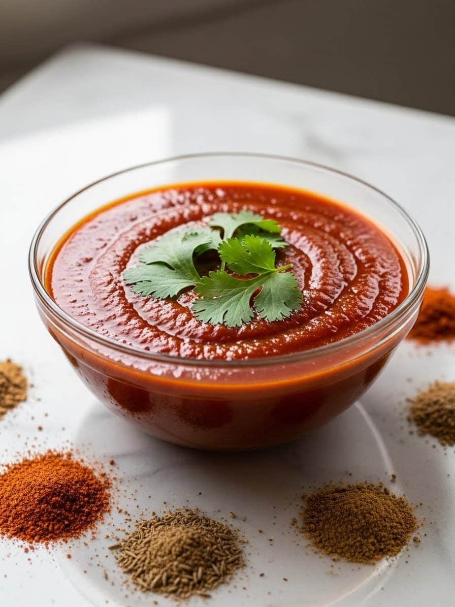 Homemade Enchilada Sauce in Glass Bowl with Cilantro