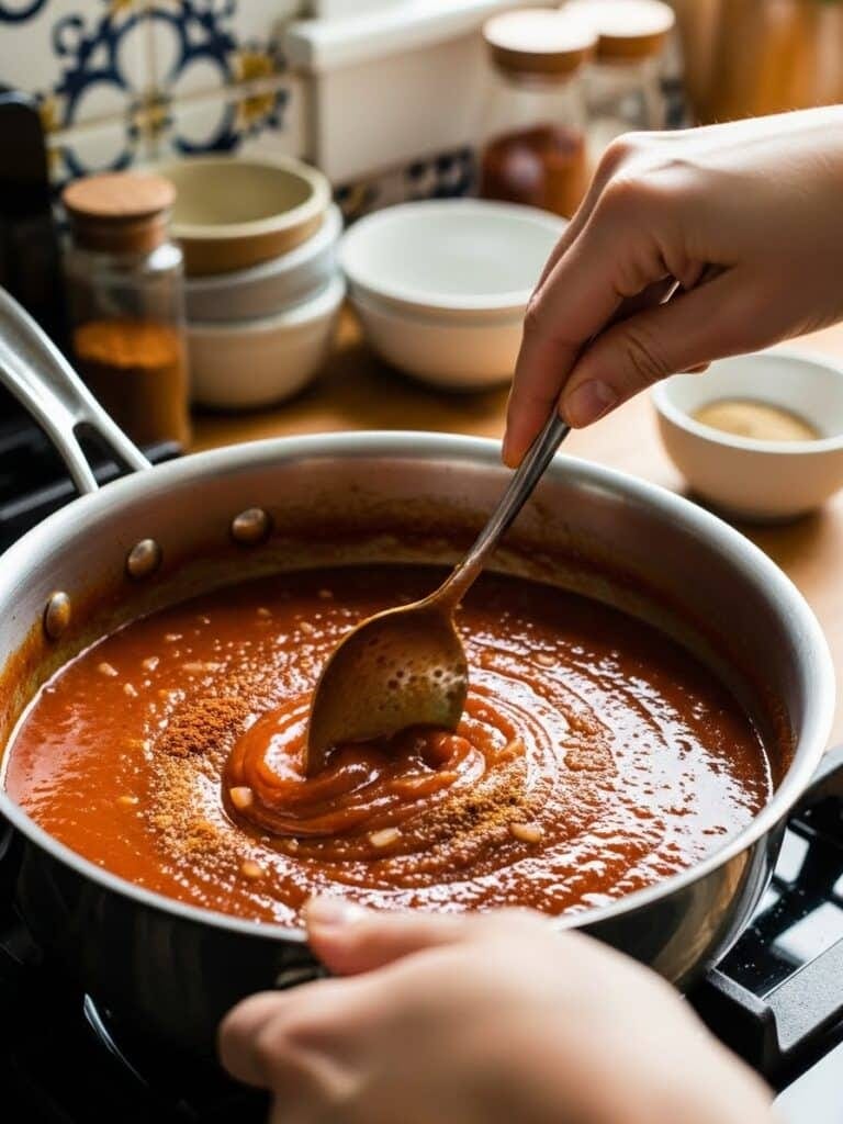 Mixing Enchilada Sauce Ingredients in Saucepan