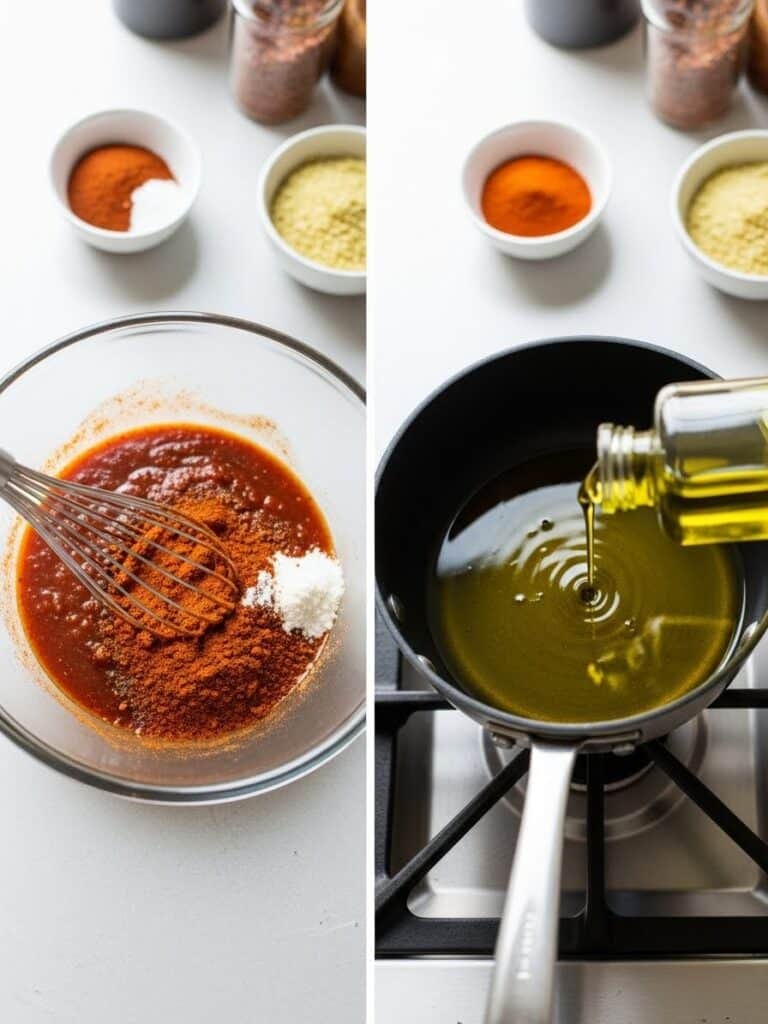 Mixing Spices and Pouring Olive Oil for Enchilada Sauce