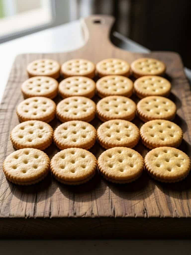 Hands arranging Ritz crackers on a cutting board for cookie base