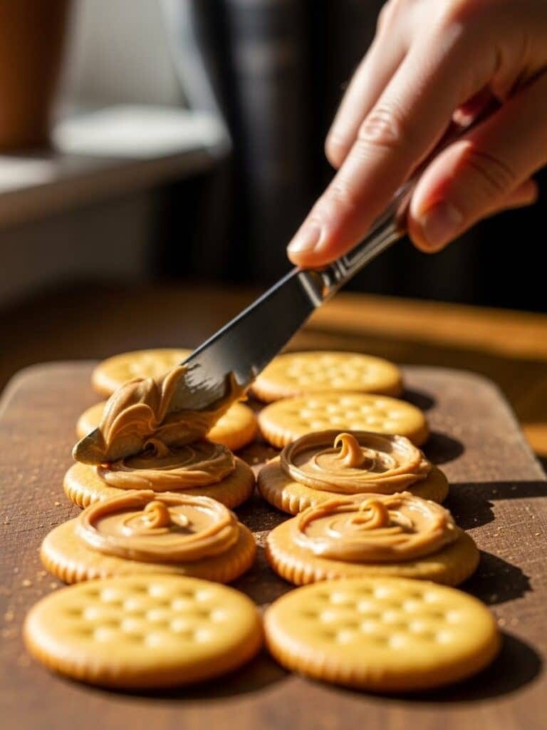 Hands spreading creamy peanut butter onto Ritz crackers for Ritz Cookies
