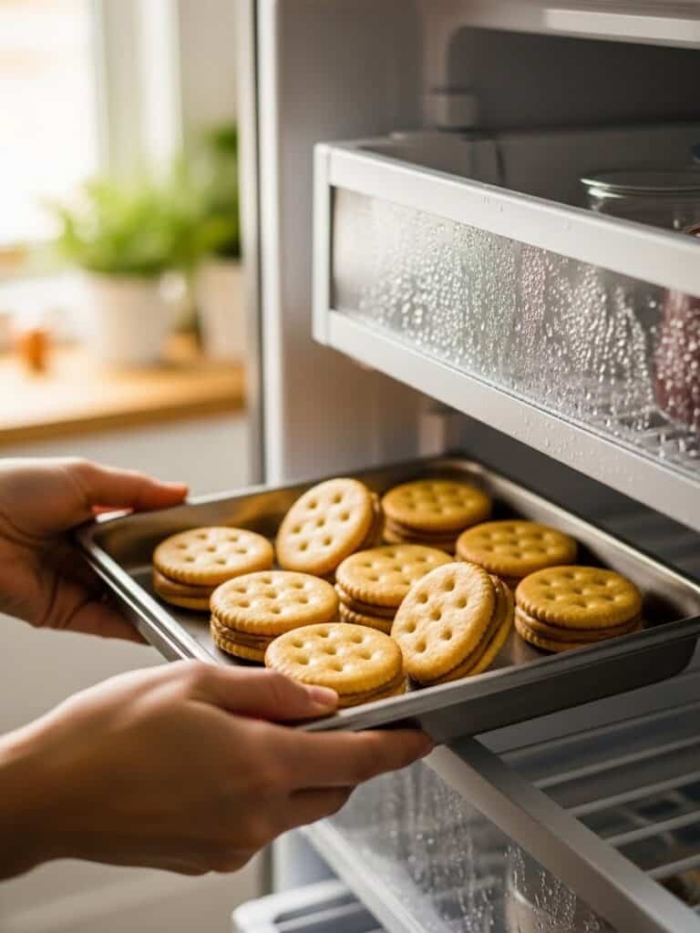 Placing peanut butter-filled Ritz cracker sandwiches in the refrigerator to chill