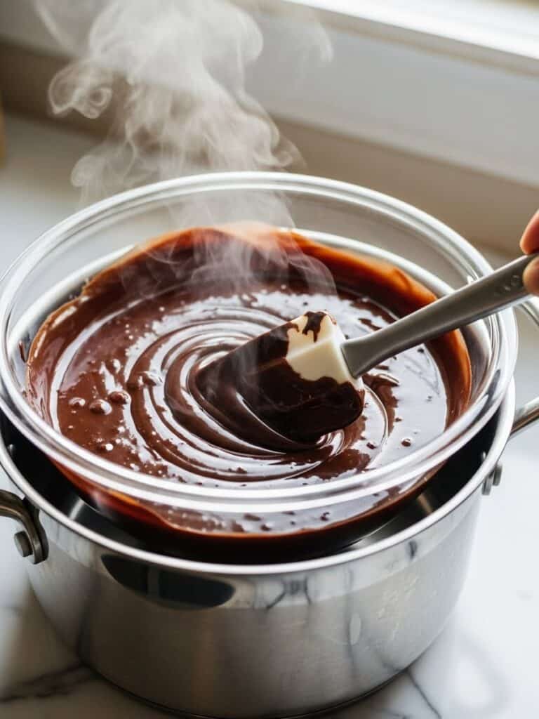 Melting chocolate and coconut oil in a glass bowl over a double boiler for Ritz Cookies