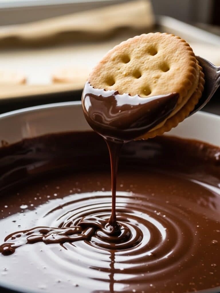 Dipping Ritz cracker sandwiches into melted chocolate for Ritz Cookies”