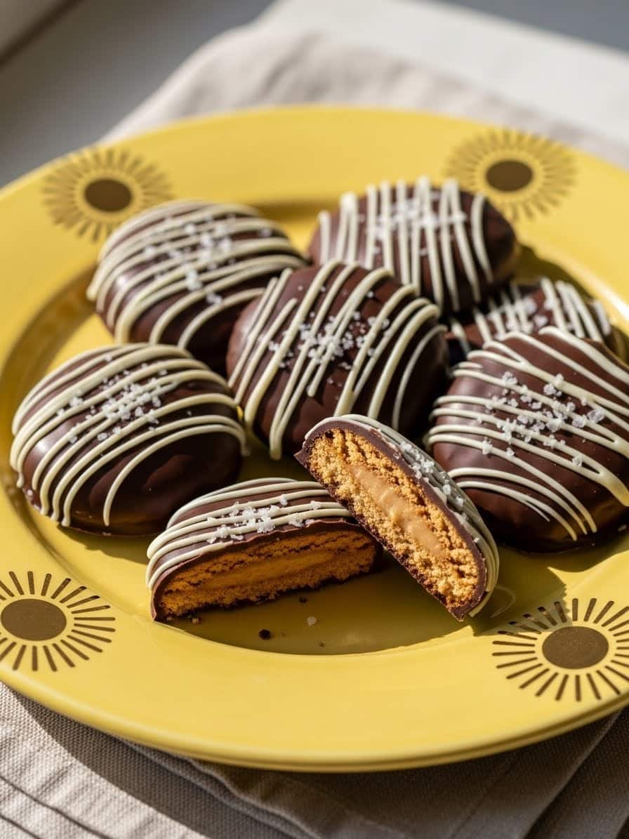 Ritz Cookies on a yellow plate with golden sunbursts and a peanut butter filling