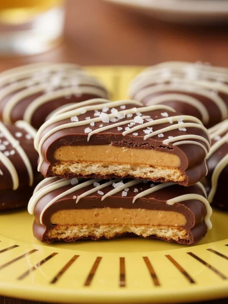 Extreme close-up of Ritz Cookies on a yellow plate showing chocolate texture and peanut butter filling