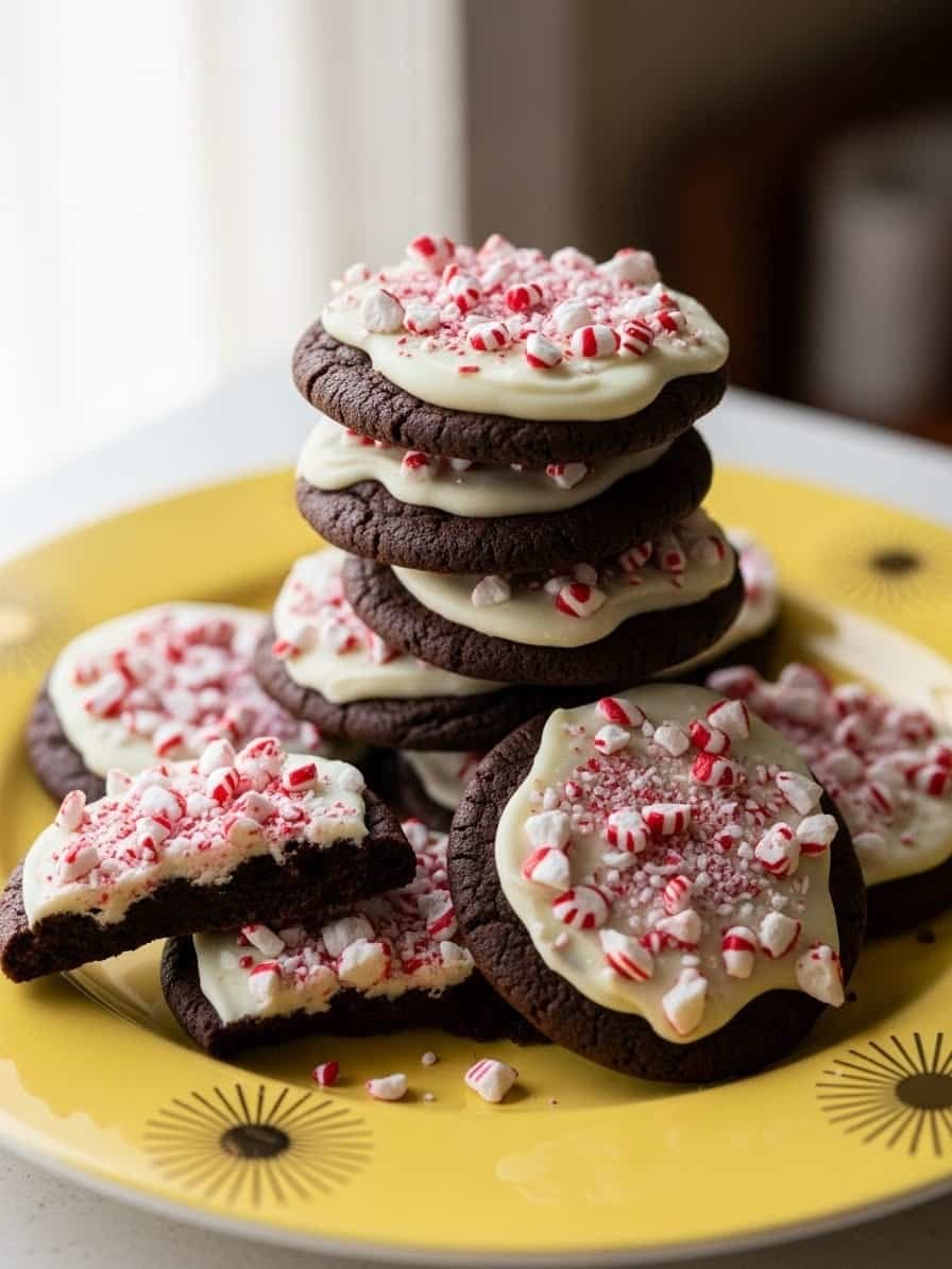 Chocolate Peppermint Bark Cookies on yellow plate with golden rim