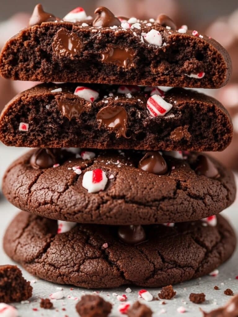 Close-up of Chocolate Peppermint Bark Cookie showing chewy texture and peppermint bark