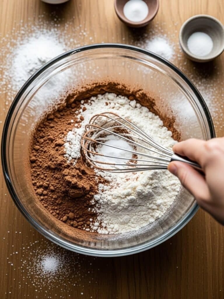 Whisking dry ingredients for Chocolate Peppermint Bark Cookies in a glass bowl