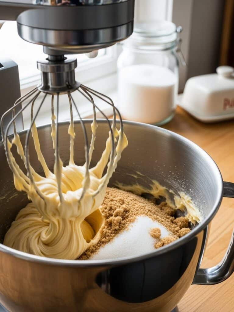 Creaming butter and sugars in a stand mixer for Chocolate Peppermint Bark Cookies
