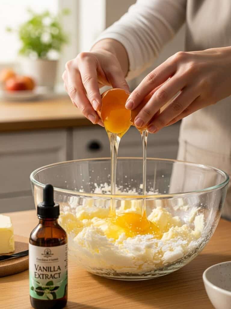 Adding egg, vanilla, and peppermint extract to creamed butter and sugar for Chocolate Peppermint Bark Cookies