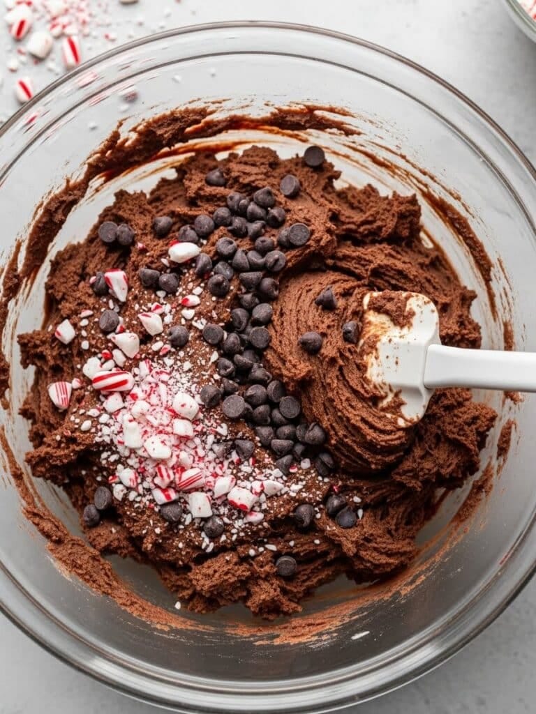 Folding chopped peppermint bark and chocolate chips into cookie dough for Chocolate Peppermint Bark Cookies