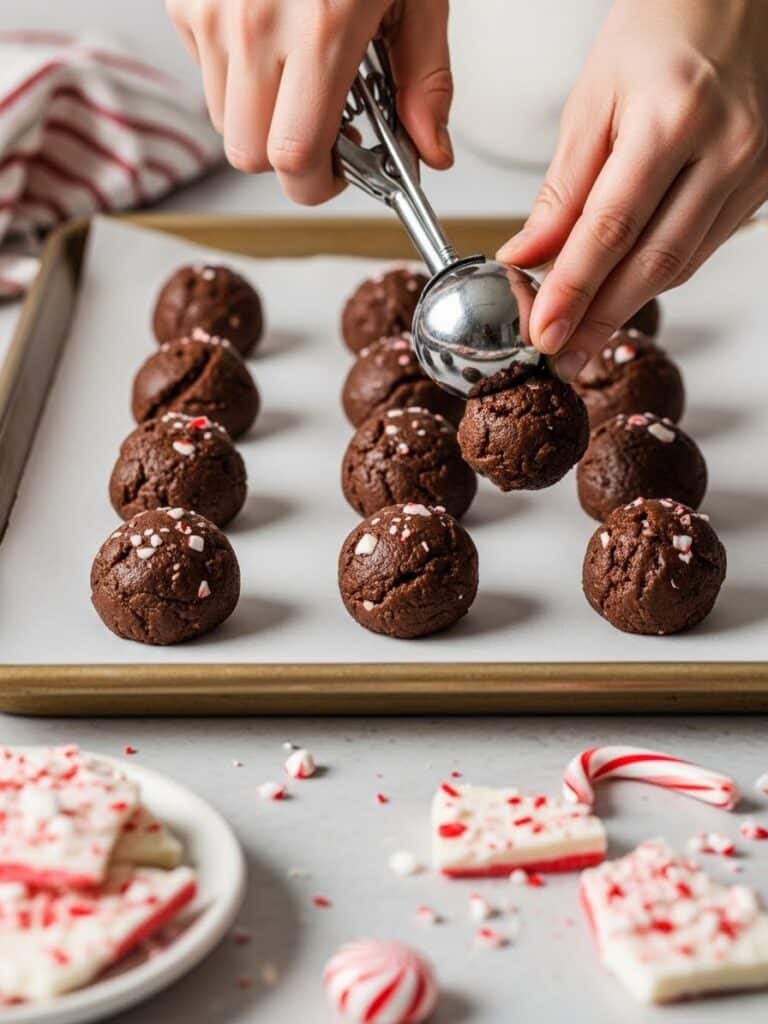 Scooping and shaping Chocolate Peppermint Bark Cookie dough onto a baking sheet