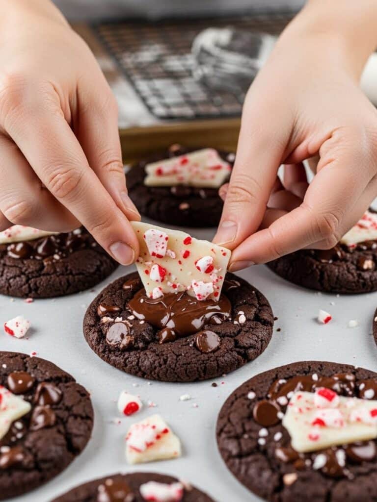Topping freshly baked Chocolate Peppermint Bark Cookies with peppermint bark pieces