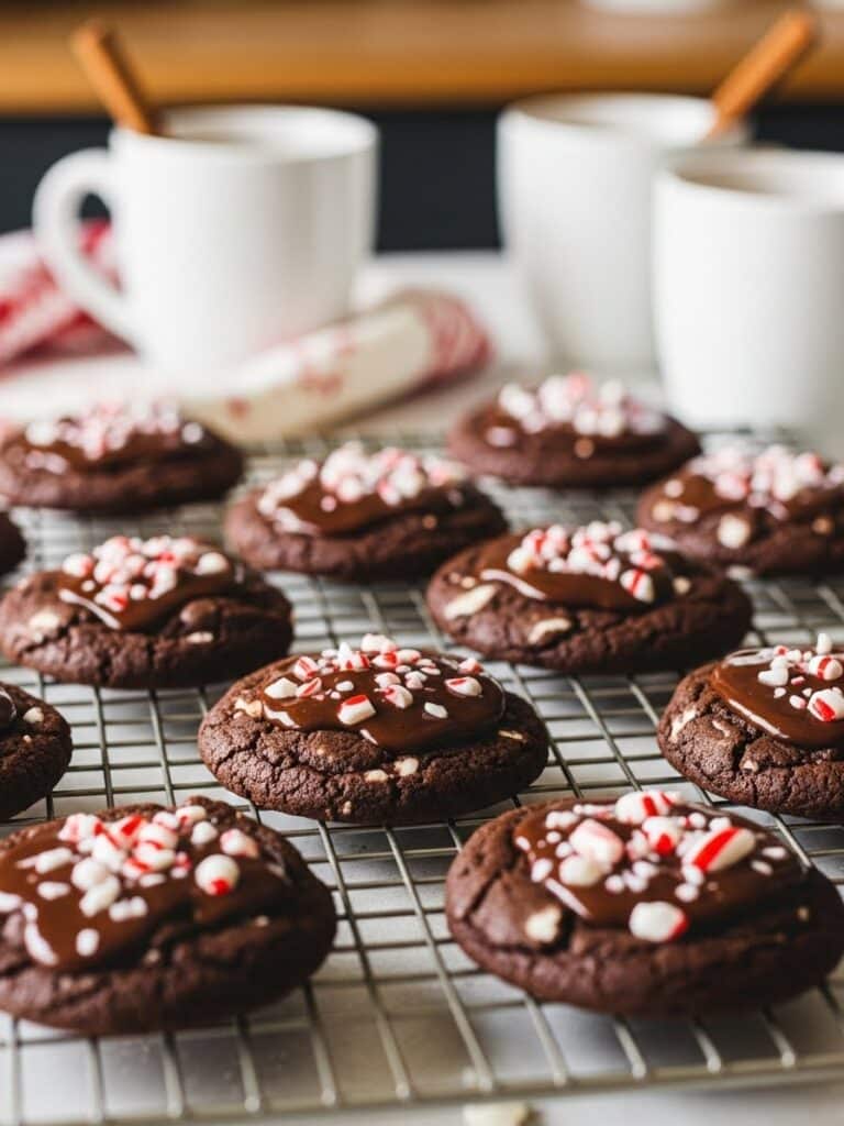 Cooling Chocolate Peppermint Bark Cookies on a wire rack with melted peppermint bark