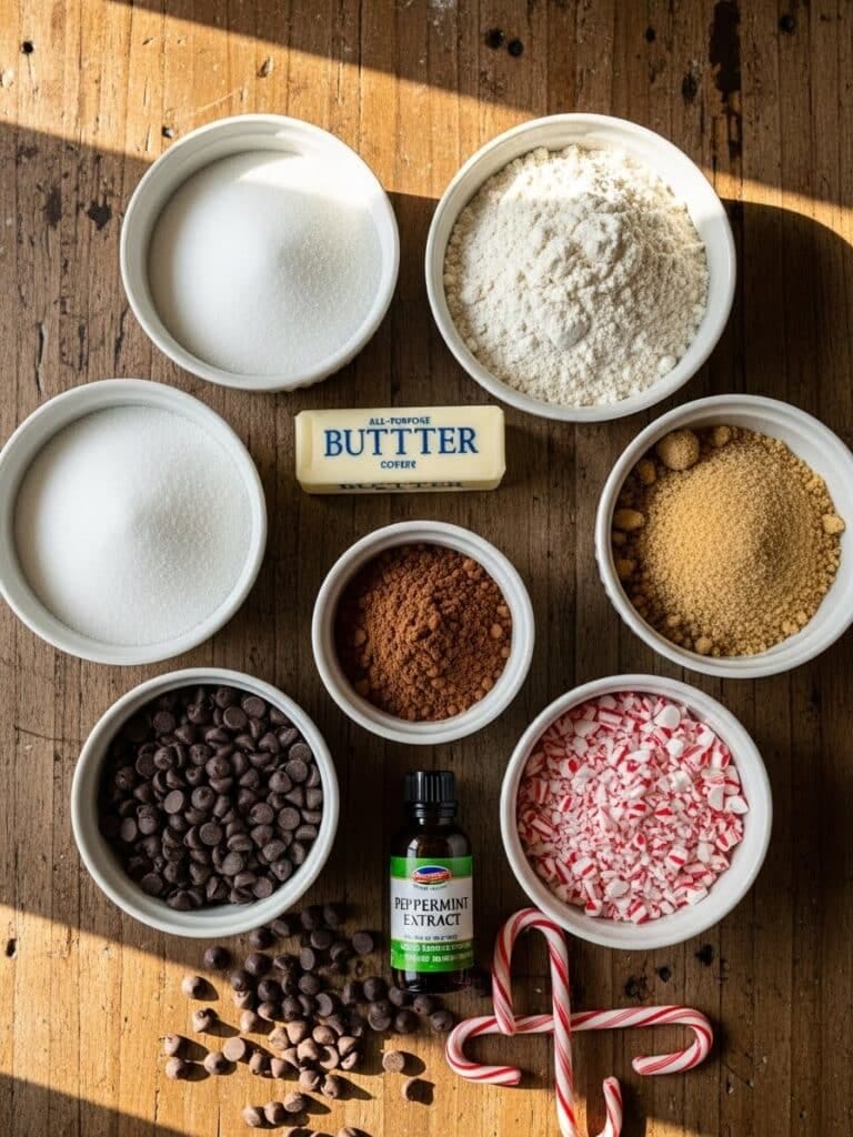 Flatlay of Chocolate Peppermint Bark Cookie ingredients arranged on a marble countertop
