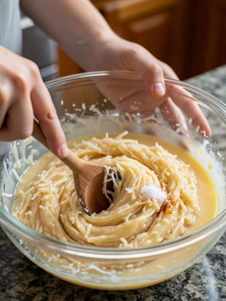 Mixing coconut macaroon base in glass bowl