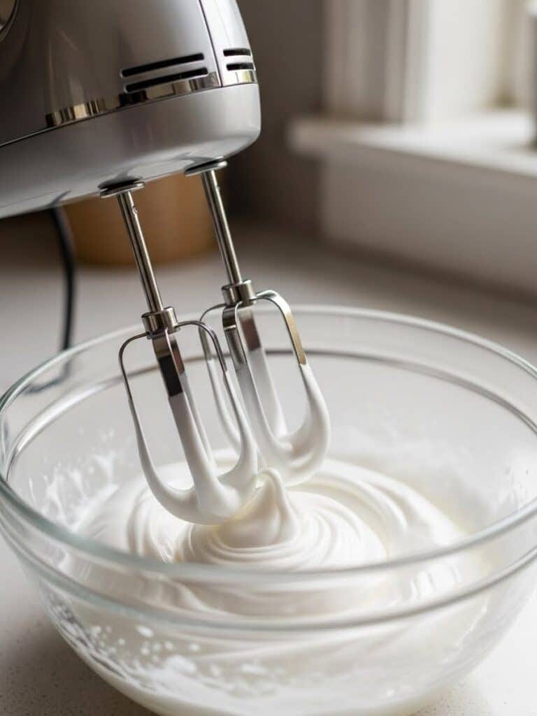 Whipping egg whites to stiff peaks for coconut macaroons