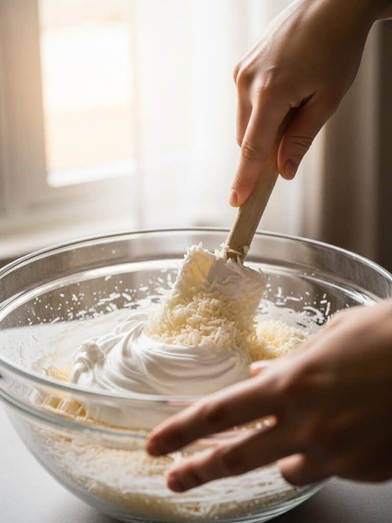 Folding whipped egg whites into coconut macaroon mixture