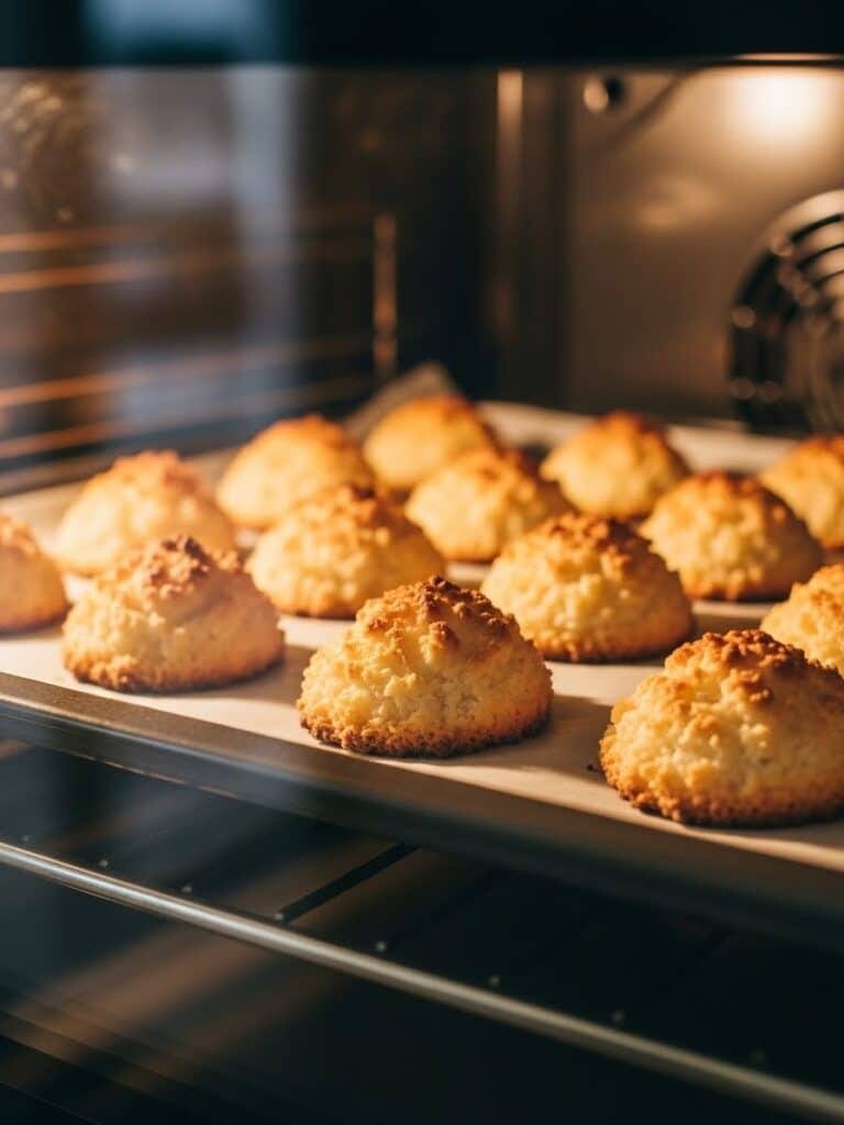 Coconut macaroons baking to golden perfection in the oven