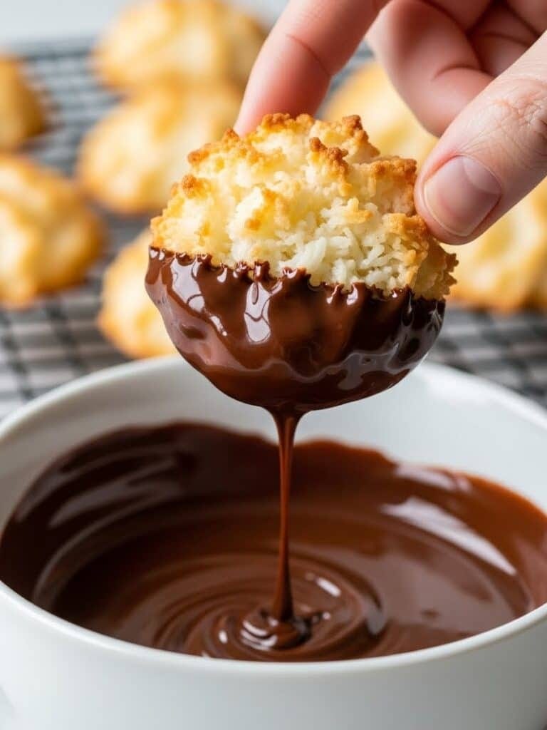 Dipping coconut macaroons in melted chocolate