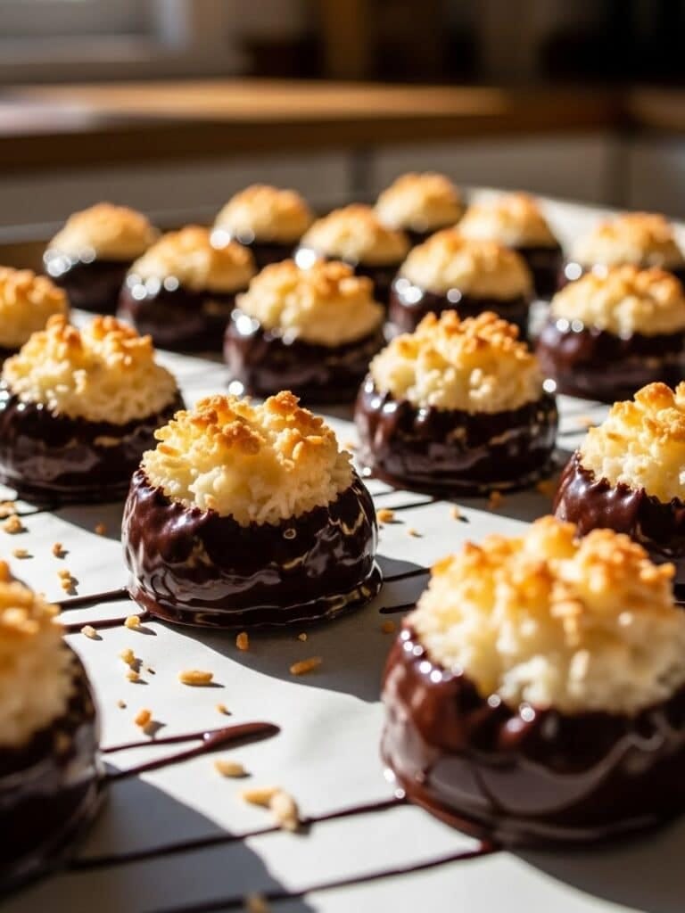 Coconut macaroons cooling with chocolate setting on parchment