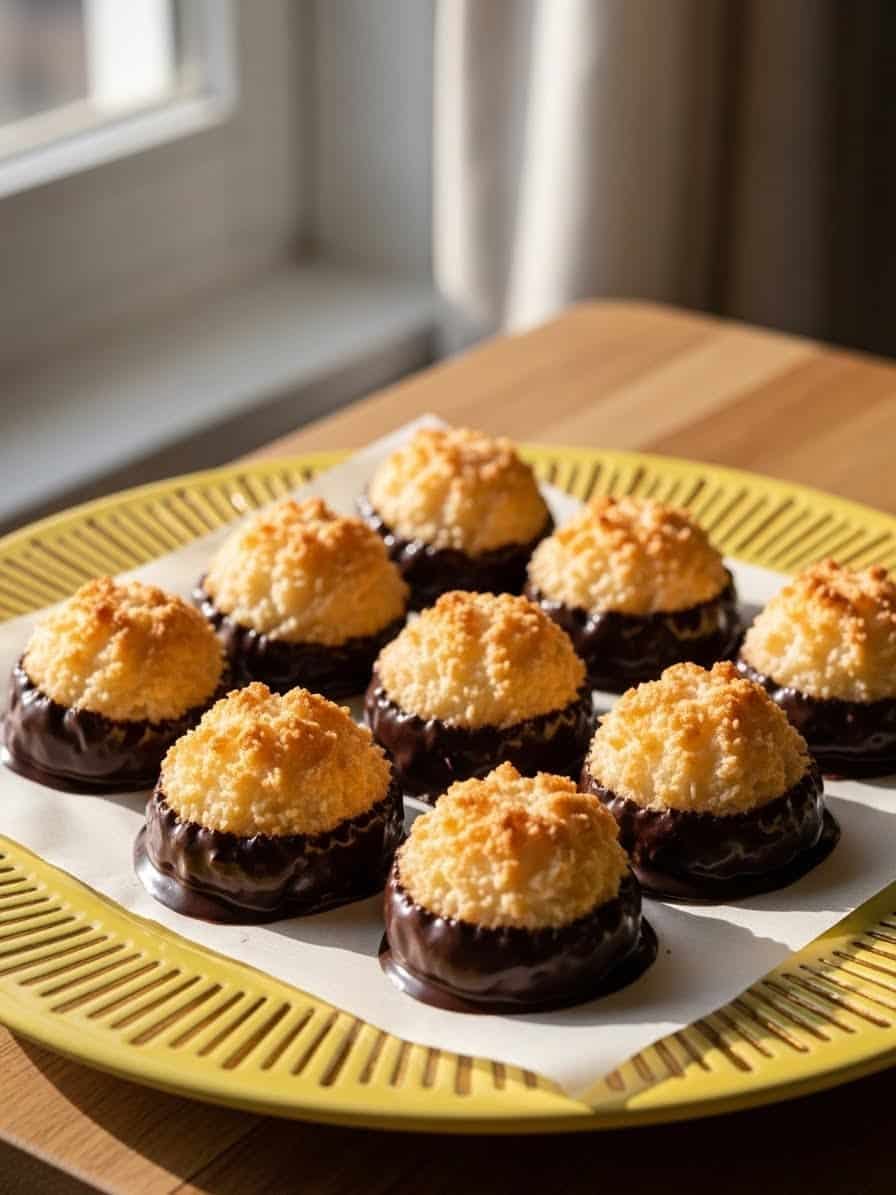 Coconut macaroons cooling on yellow plate as chocolate sets