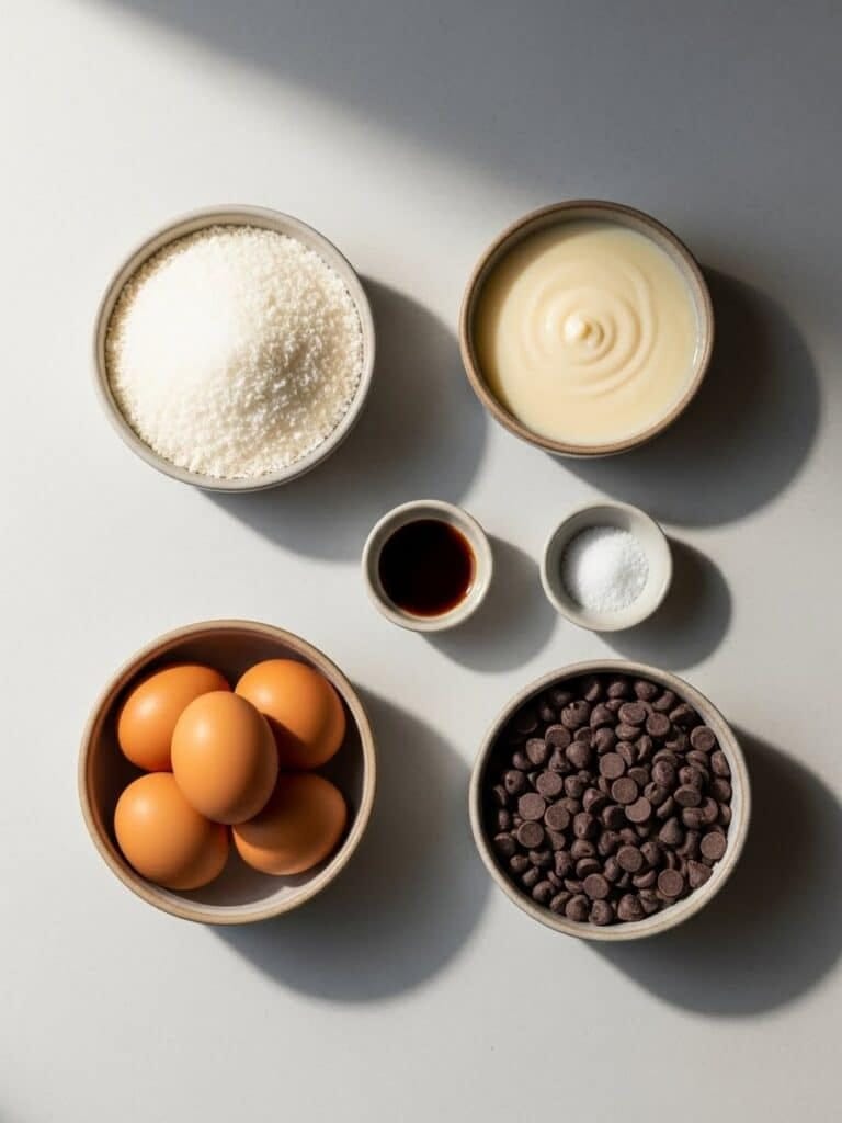 Simple ingredients for coconut macaroons laid out on table