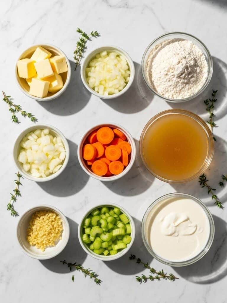 Chicken Pot Pie Ingredients neatly arranged