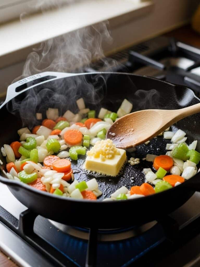 Sautéing onions, carrots, celery, and garlic in butter for Chicken Pot Pie