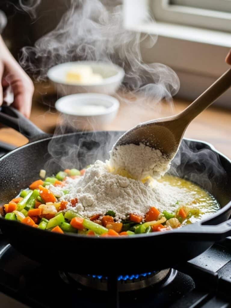 Stirring flour into sautéed vegetables to make roux for Chicken Pot Pie