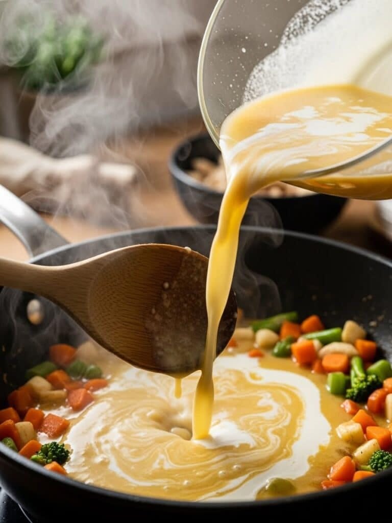 Pouring chicken broth and cream into roux for Chicken Pot Pie