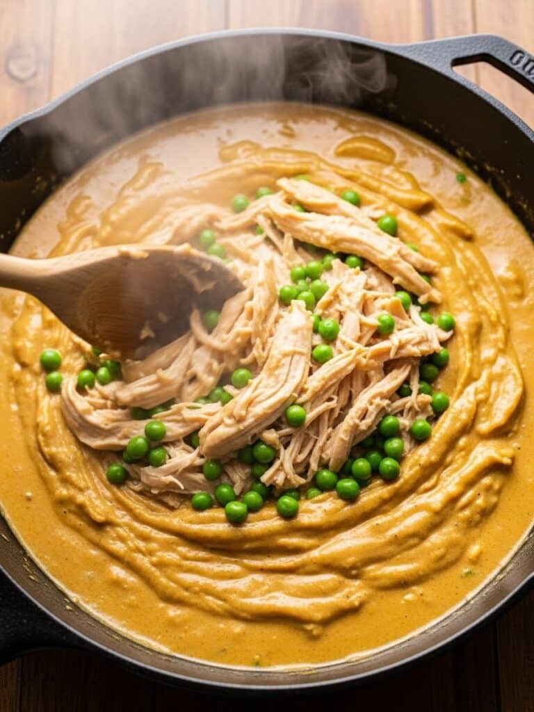 Stirring shredded chicken and peas into creamy Chicken Pot Pie filling