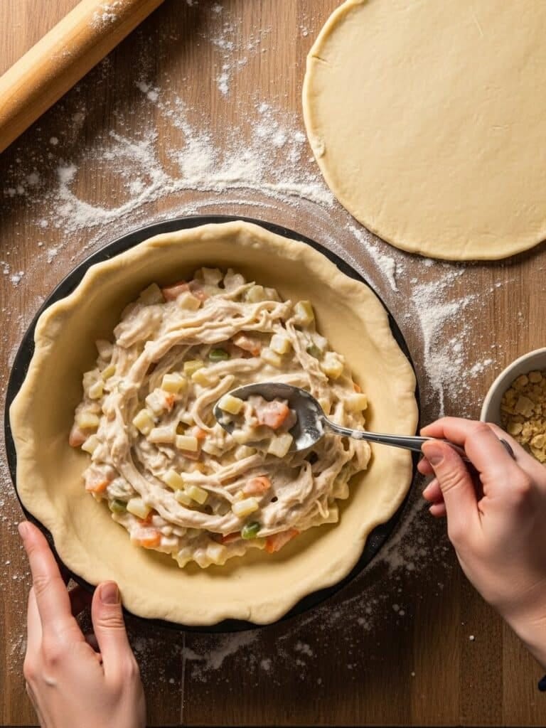 Assembling Chicken Pot Pie with creamy filling and pie crust
