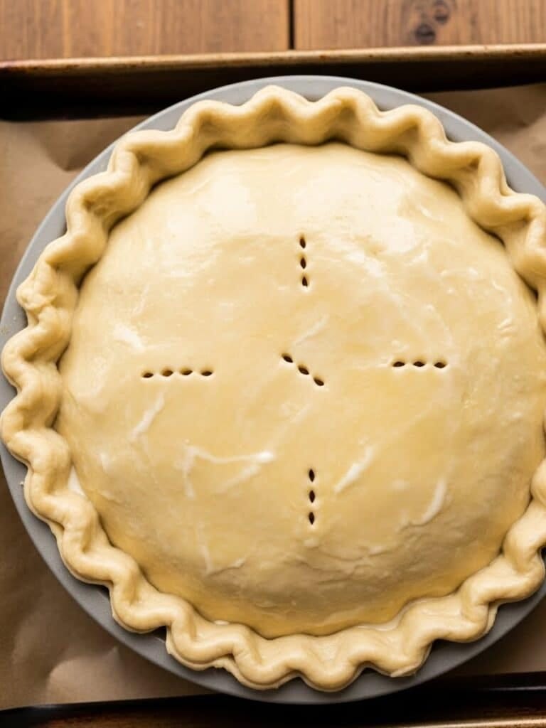 Unbaked Chicken Pot Pie brushed with cream and ready to bake