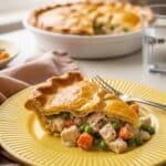 Chicken Pot Pie slice on yellow sunburst plate with golden crust