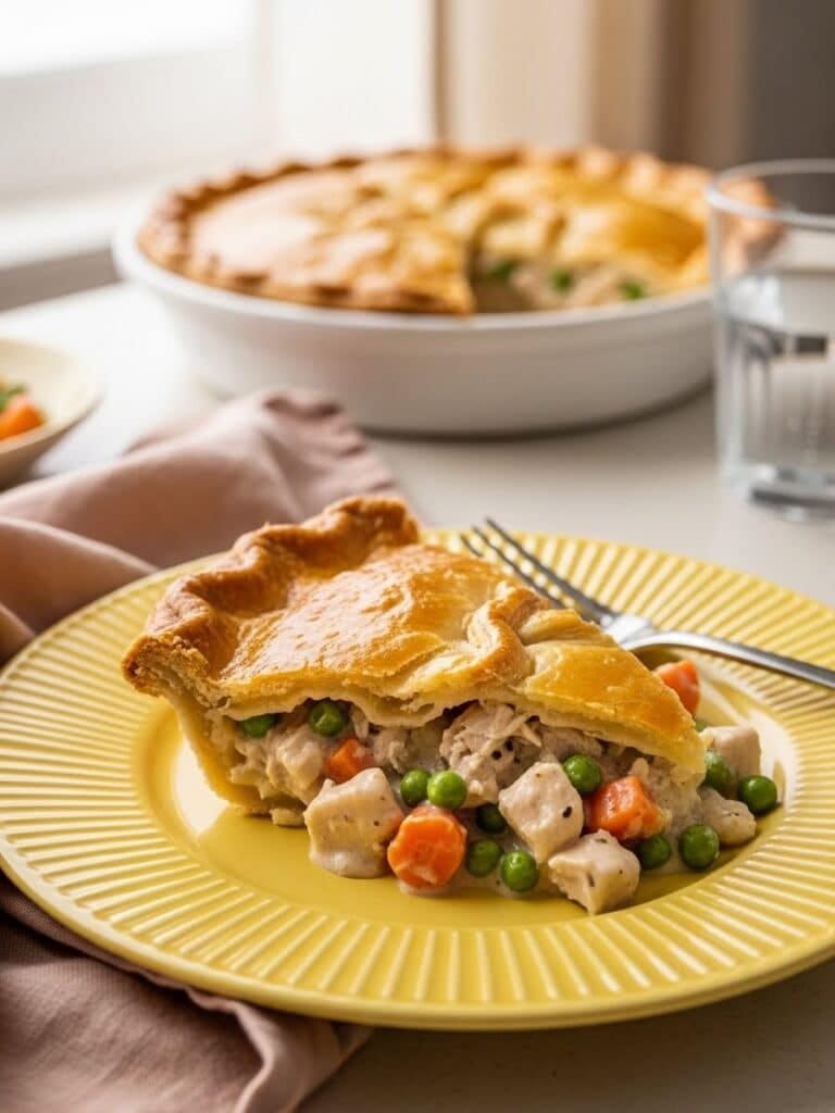 Chicken Pot Pie slice on yellow sunburst plate with golden crust
