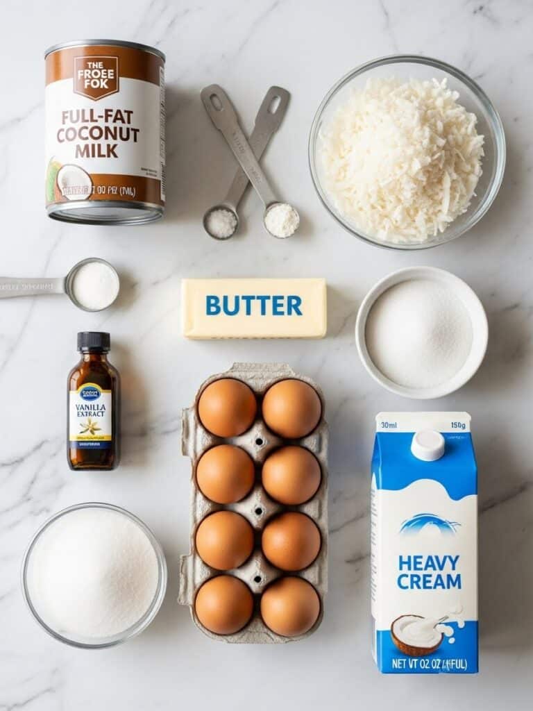 Coconut Cream Pie ingredients on marble surface