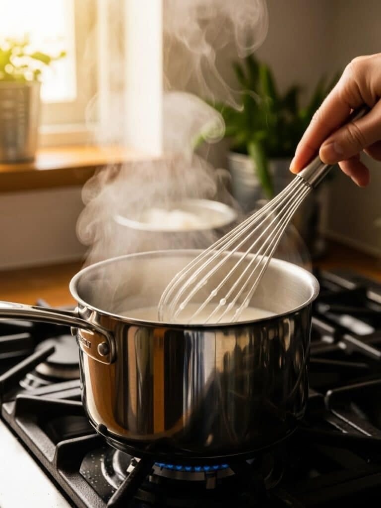 Heating coconut milk and half-and-half for Coconut Cream Pie filling