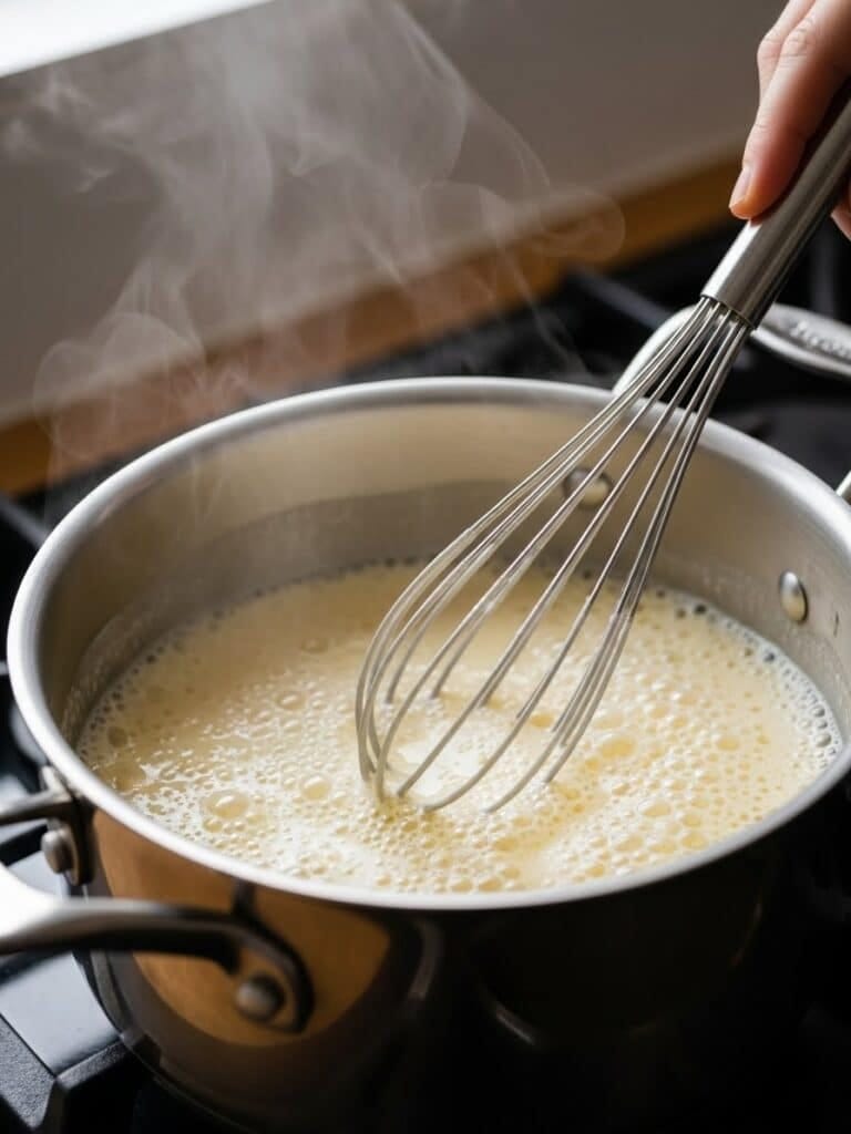 Whisking and thickening coconut custard for Coconut Cream Pie