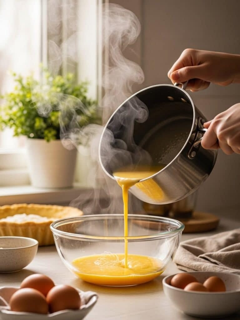 Tempering eggs with hot custard for Coconut Cream Pie