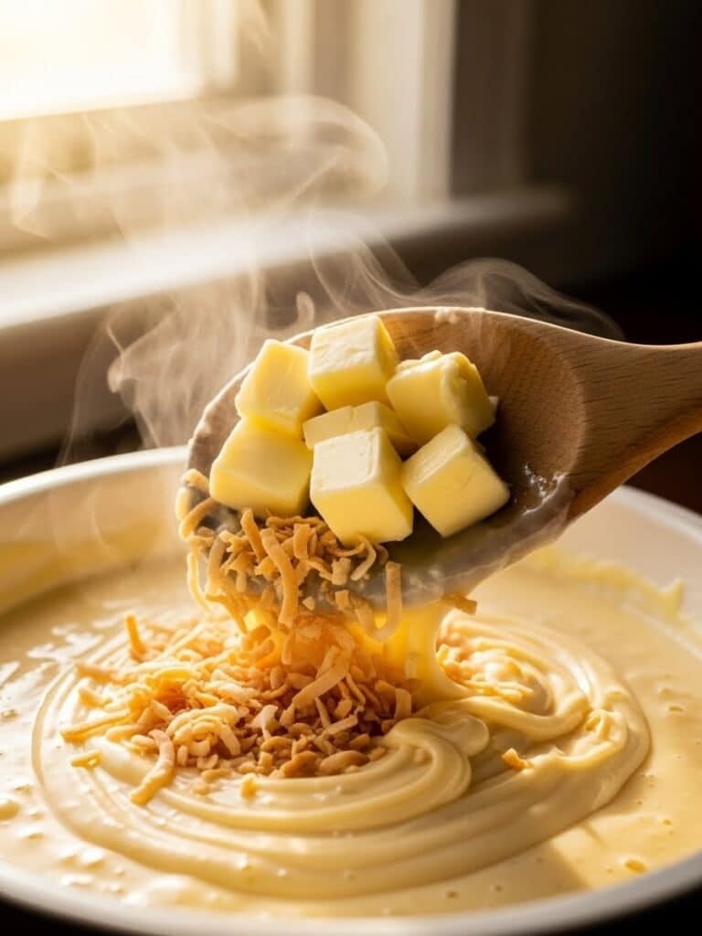 Folding toasted coconut and butter into Coconut Cream Pie filling