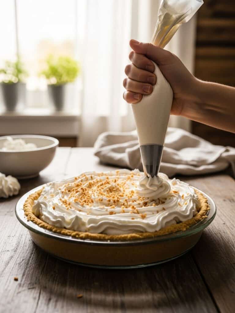 Adding whipped cream topping to Coconut Cream Pie