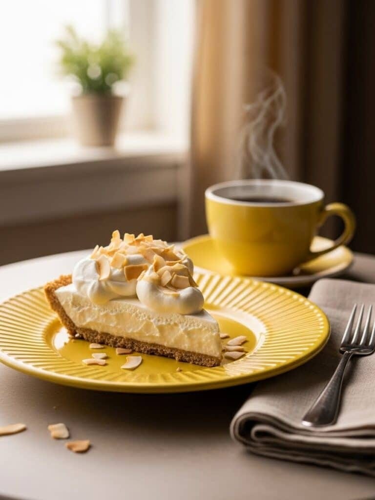 Slice of Coconut Cream Pie served on a yellow plate with coffee