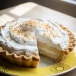 Coconut Cream Pie on yellow plate with golden rim